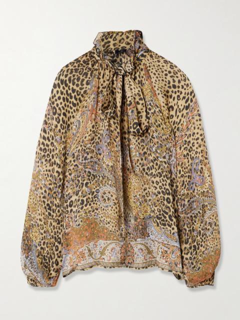 Pussy-bow Gathered Printed Silk-chiffon Blouse