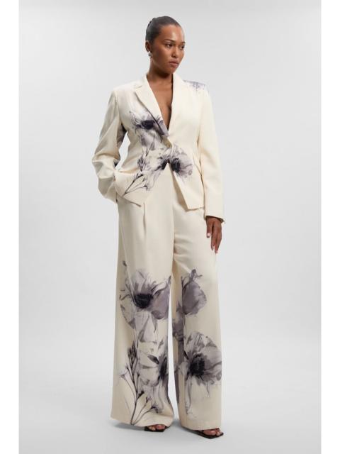 Plus Size Floral Placement Tailored Crepe Pleat Printed Detail Wide Leg Trousers