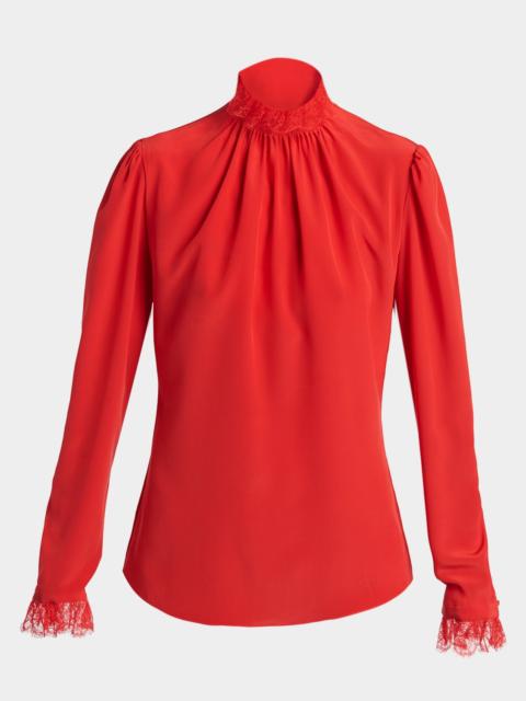 Lace Ruffle-Neck Long-Sleeve Silk Top