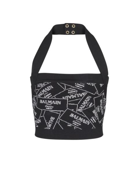 Knit halterneck top with Balmain label motif