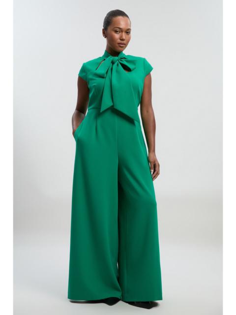 Plus Size Compact Stretch Bow Tie Neck Tailored Wide Leg Jumpsuit