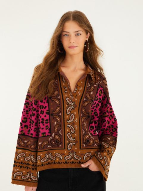 Brown Leopard Scarf Polo Knit Sweater