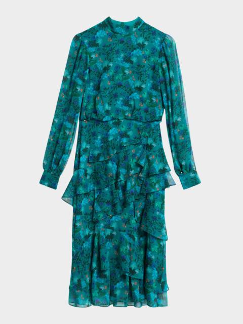Isa Mock-Neck Floral-Print Silk Midi Dress