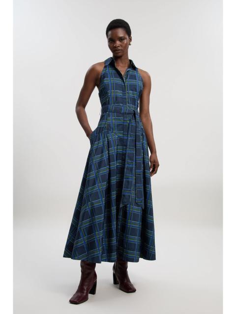 Check Print Taffeta Belted Woven Maxi Shirt Dress