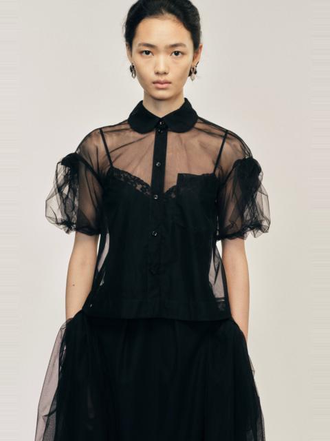 Sheer Cropped Bow Puff Sleeve Shirt