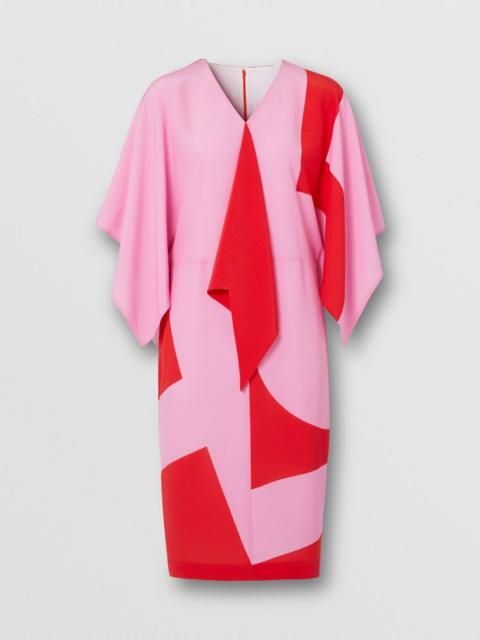 Cape Sleeve Geometric Print Silk Crepe de Chine Dress