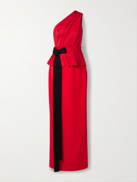 One-shoulder Grosgrain-trimmed Gathered Crepe Gown