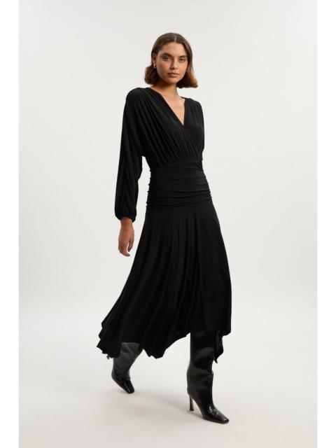 Stretch Drapey Crepe Ruched Plunge Neck Batwing Sleeve Maxi Dress