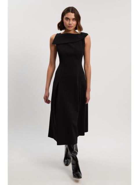Compact Stretch Asymmetric Neck Tailored Full Skirted Dress