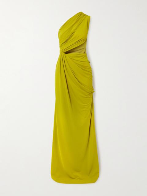 One-shoulder Cutout Draped Gathered Stretch Recycled Crepe-jersey Gown