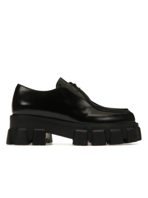 Prada Monolith 55mm Pointy Lace Up Loafer Black Brushed Leather