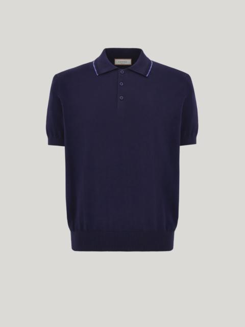 BLUE GARMENT-DYED GIZA COTTON POLO SHIRT WITH CONTRASTING PIPING