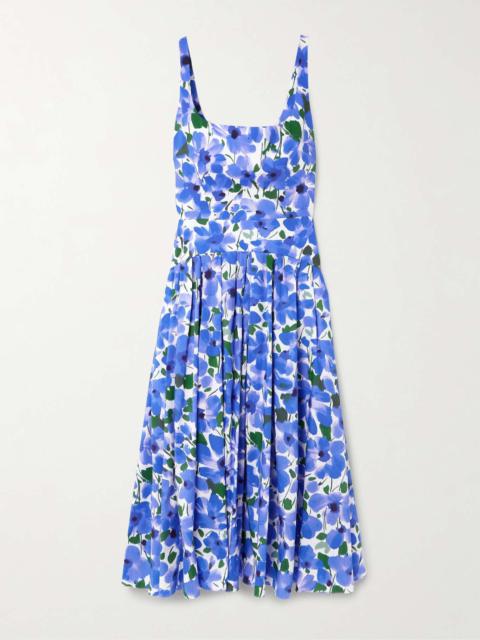 Pleated floral-print cotton-blend poplin midi dress Blue