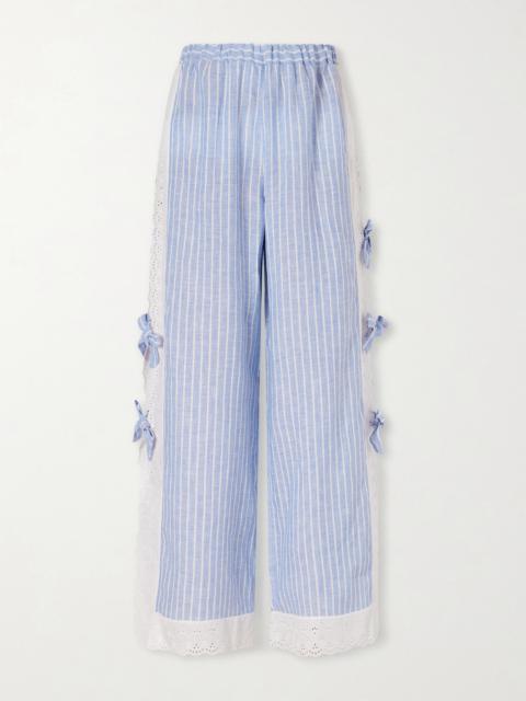 Clarissa Bow-embellished Striped Broderie Anglaise-trimmed Linen Straight-leg Pants