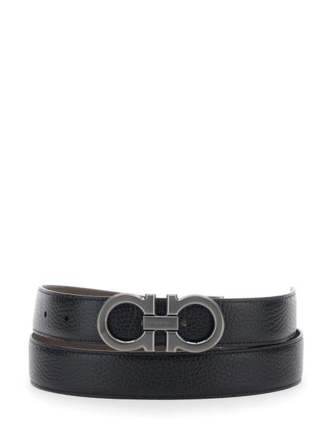 Reversible Belt With Gancini Buckle Grained Black Leather For Men Calf