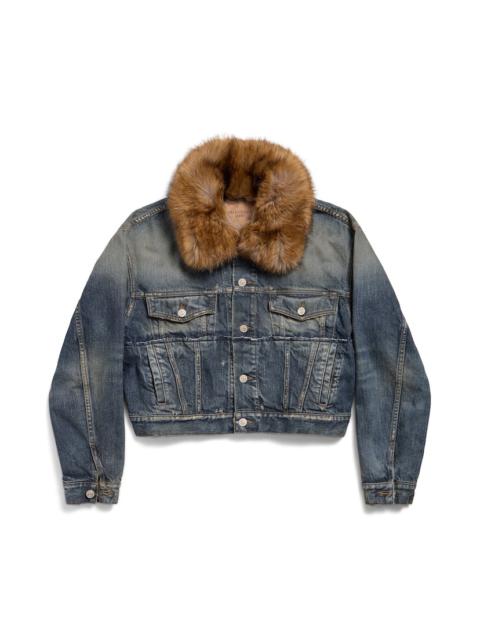 Women's Faux-fur Collar Denim Jacket in Dark Blue