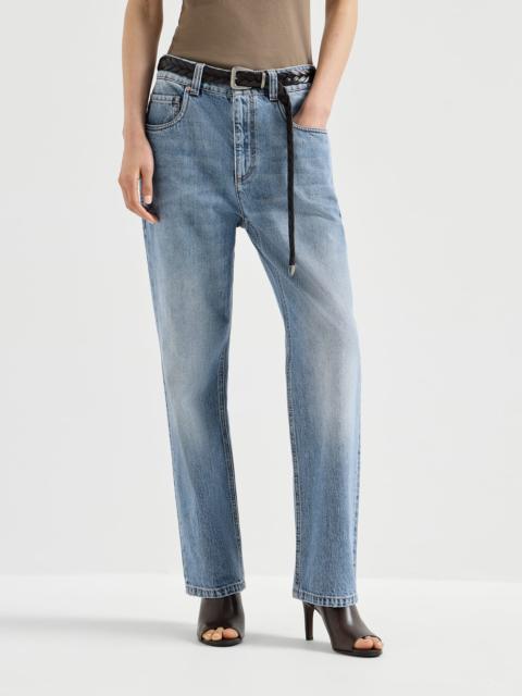 Authentic denim retro five-pocket trousers with monili