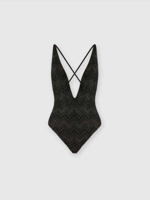 V-neck zig zag lamé viscose one-piece swimsuit
