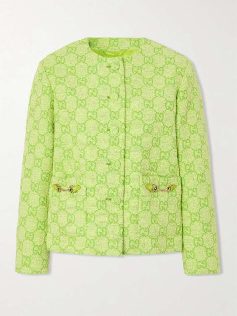 Horsebit-embellished cotton-blend bouclé-jacquard jacket Green