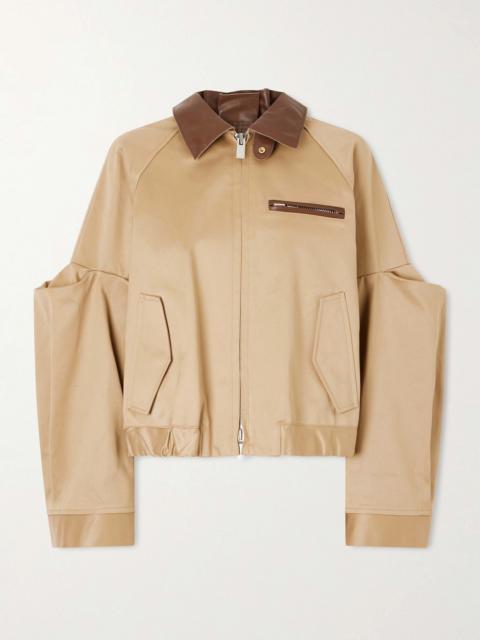 Pleated Leather-trimmed Cotton-twill Jacket