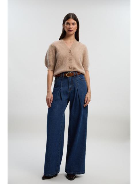 Denim Pleat Front Wide Leg Jeans