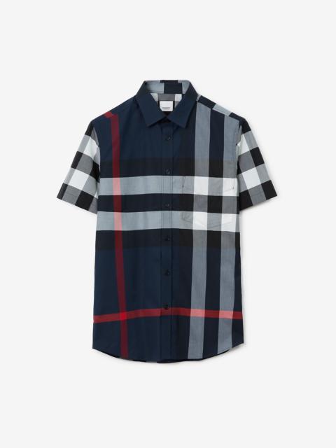 Short-sleeve Check Stretch Cotton Poplin Shirt