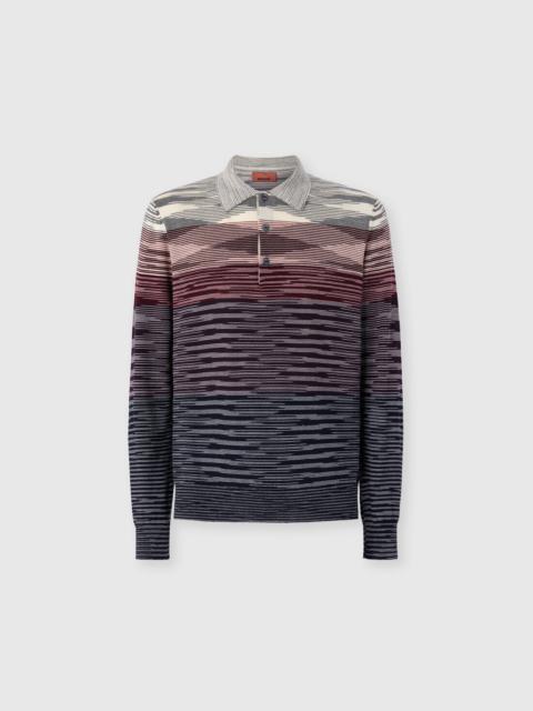 Long Sleeve Polo in Pure Wool with Flame Pattern