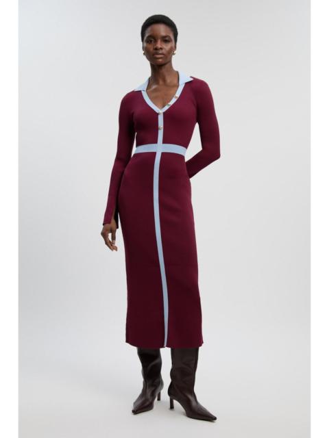 Knit Rib With Contrast Waist Detail Collared Midi Dress
