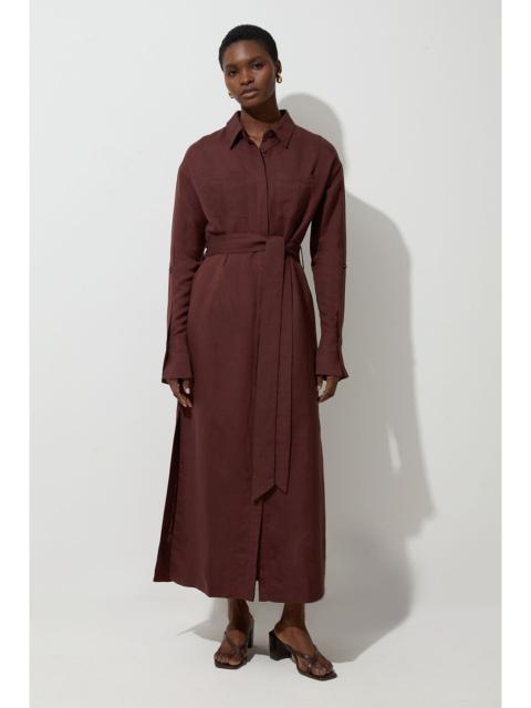 Viscose Linen Woven Belted Shirt Midi Dress