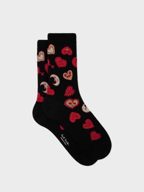 Women's Black 'Hearts and Stars' Cotton-Blend Socks