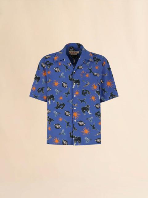BLUE POPLIN BOWLING SHIRT WITH WOLVES, RAVENS AND DOVES PRINT