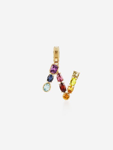 Rainbow alphabet N 18 kt yellow gold charm with multicolor fine gems