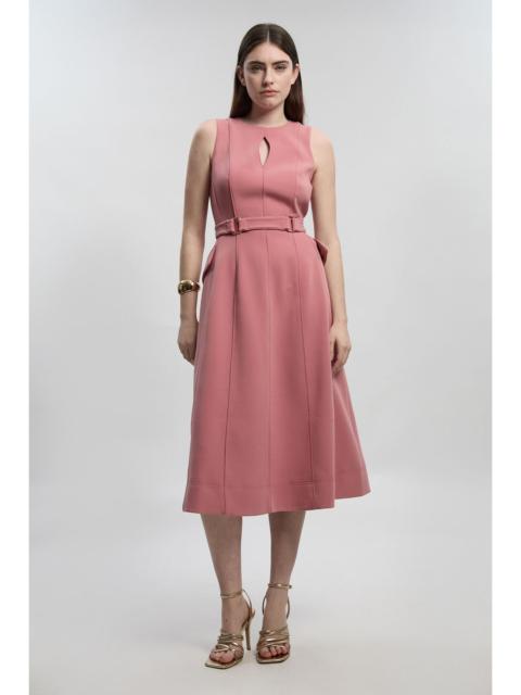 Compact Stretch Belted Seamed Full Skirted Midi Dress