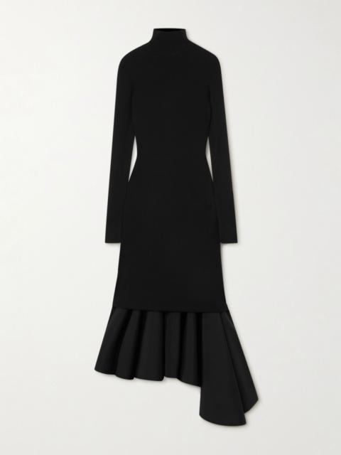 Asymmetric satin-trimmed ribbed-knit turtleneck midi dress Black