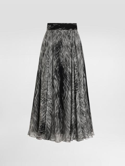 Chiffon calf-length circle skirt with fur print