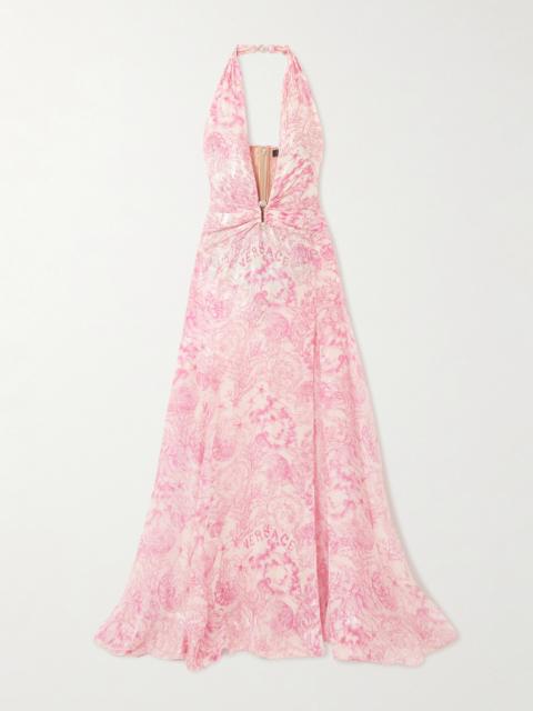 Embellished Metallic Printed Silk-blend Chiffon Gown