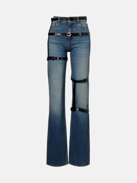 Leather-trimmed straight jeans