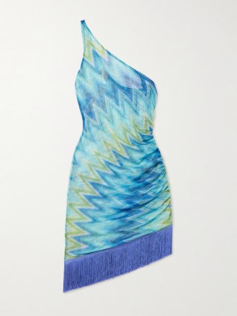 One-shoulder Fringed Printed Tulle Mini Dress