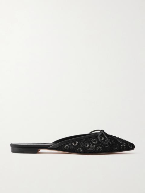 Ballerimu Bow-detailed Leather-trimmed Lace Flats