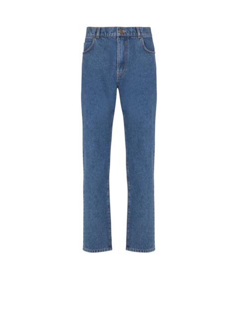 Blue denim straight-cut jeans