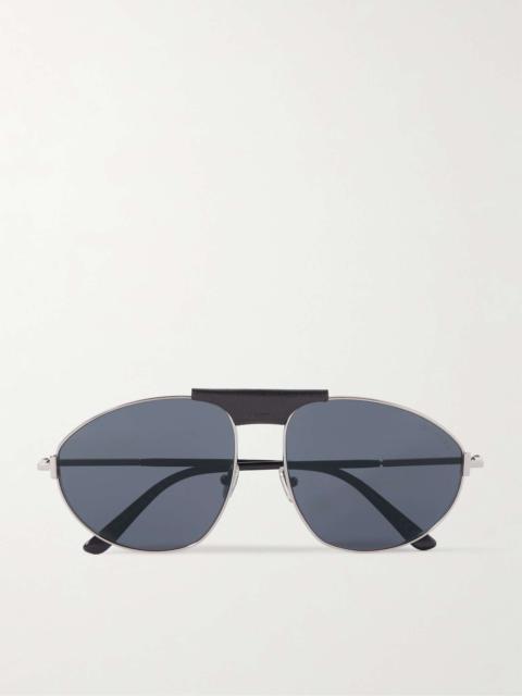 Ken Aviator-Style Leather-Trimmed Silver-Tone Sunglasses