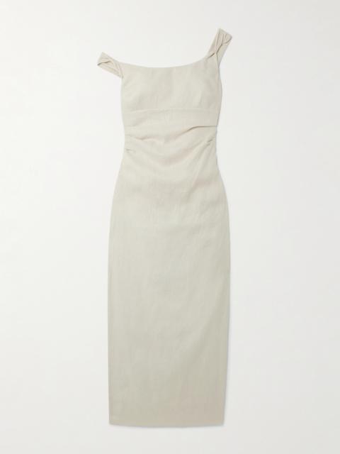 Twisted Gathered Linen Midi Dress
