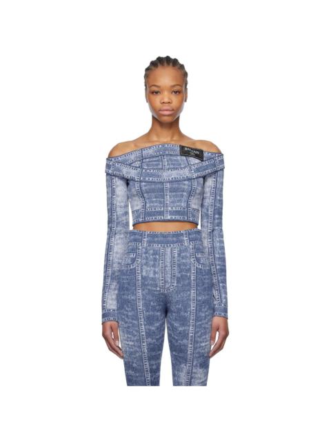Blue Double Collar Denim Trompe L'oeil Top