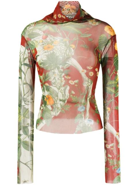 botanical-print mesh T-shirt