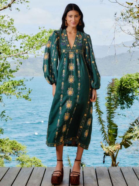 Green Pineapple Embroidered Euroflax™ Premium Linen Tunic Maxi Dress