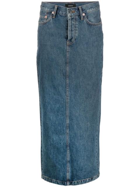 rear-slit denim maxi skirt