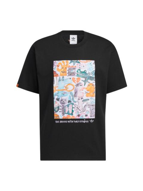 Men's adidas originals SS22 Cartoon Printing Sports Round Neck Pullover Short Sleeve Black T-Shirt H