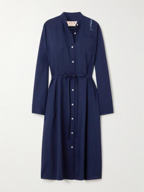 Embroidered Wool-twill Midi Dress