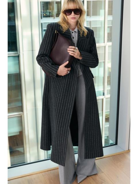Brushed Wool Pinstripe Oversized Double Breasted Tailored Maxi Coat
