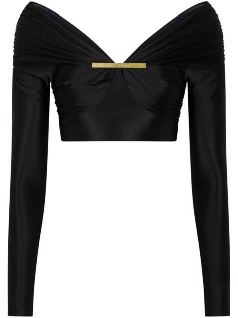 glossy-finish long-sleeved cropped top